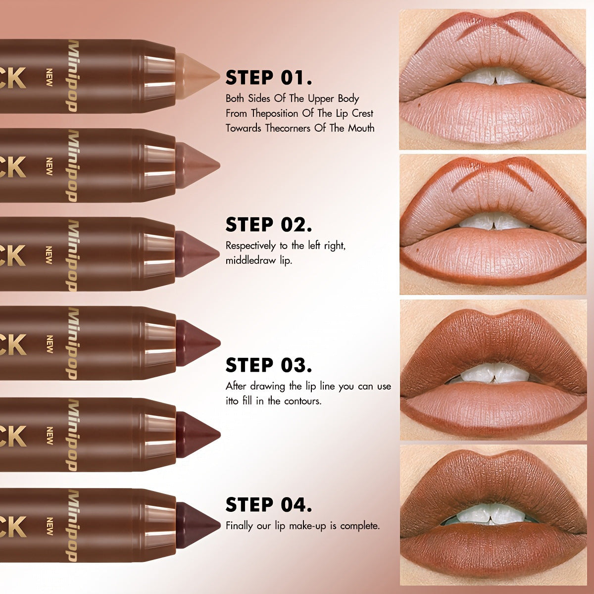 6Pcs/set Mauve Matte Brown Lip Liner and Lipstick Combo Set Kit