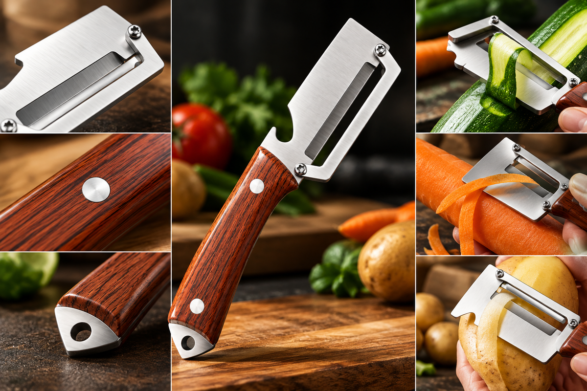 Stainless Steel Peeler—Multifunctional Household Peeler with Bottle Opener and Rosewood Handle for Peeling Fruits and Vegetables in the Kitchen