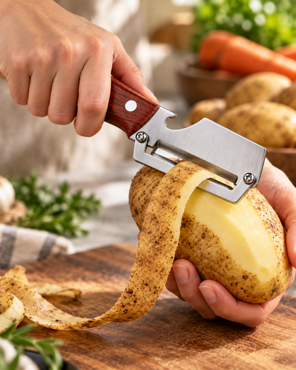 Stainless Steel Peeler—Multifunctional Household Peeler with Bottle Opener and Rosewood Handle for Peeling Fruits and Vegetables in the Kitchen