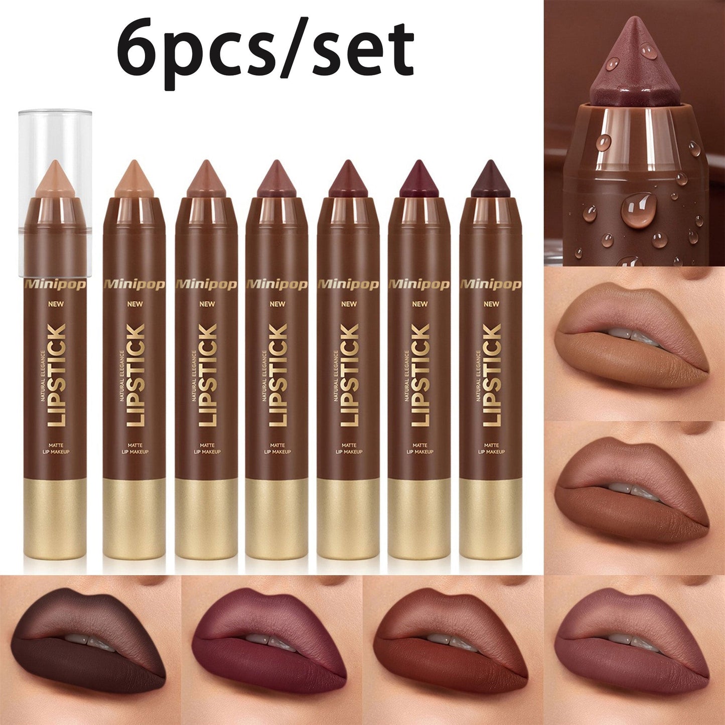 6Pcs/set Mauve Matte Brown Lip Liner and Lipstick Combo Set Kit