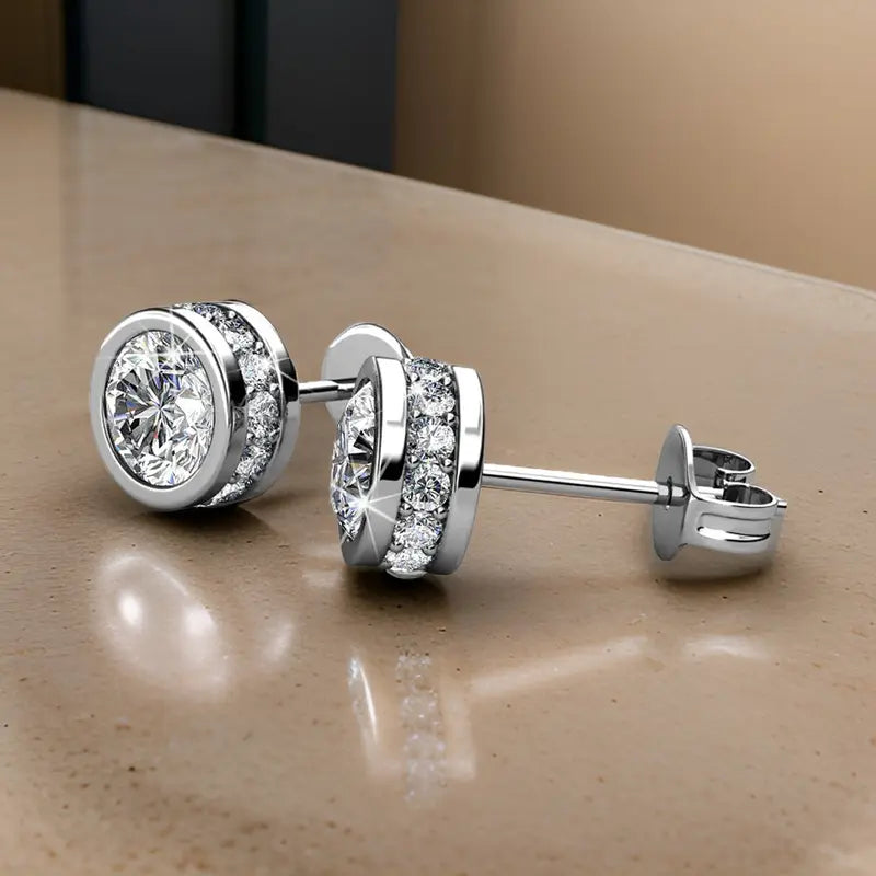White Gold Plated Stud Earrings with 34 Simulated Diamond Crystals, 25mm Diameter, Hypoallergenic Lead & Nickel Free