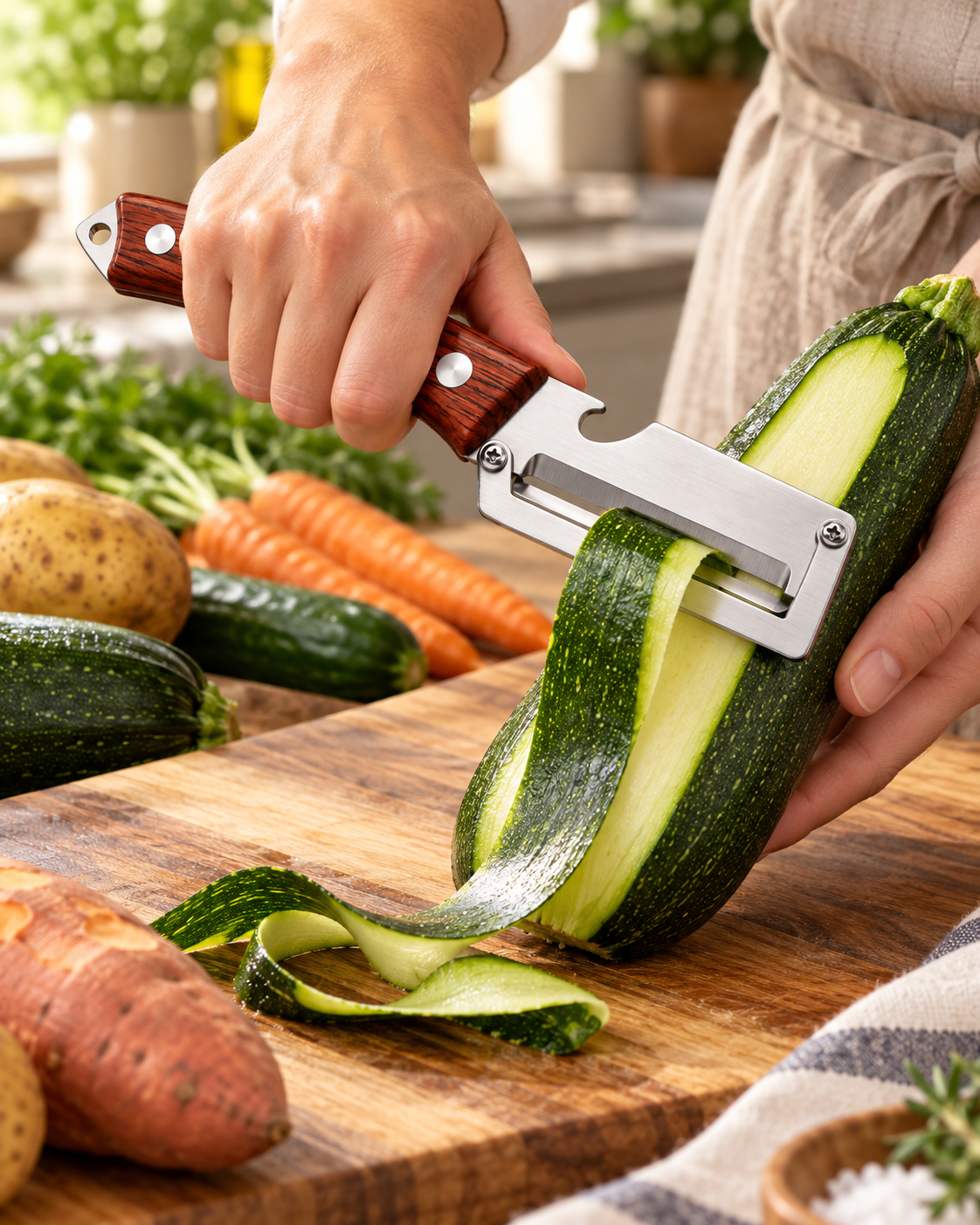 Stainless Steel Peeler—Multifunctional Household Peeler with Bottle Opener and Rosewood Handle for Peeling Fruits and Vegetables in the Kitchen