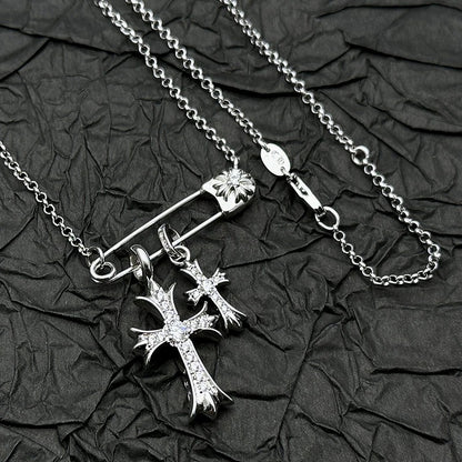 925 Silver Plated White Gold Rhinestone Pin Double Cross Pendant Necklace for Men and Women, European and American Style, Unique Design, High-End Look