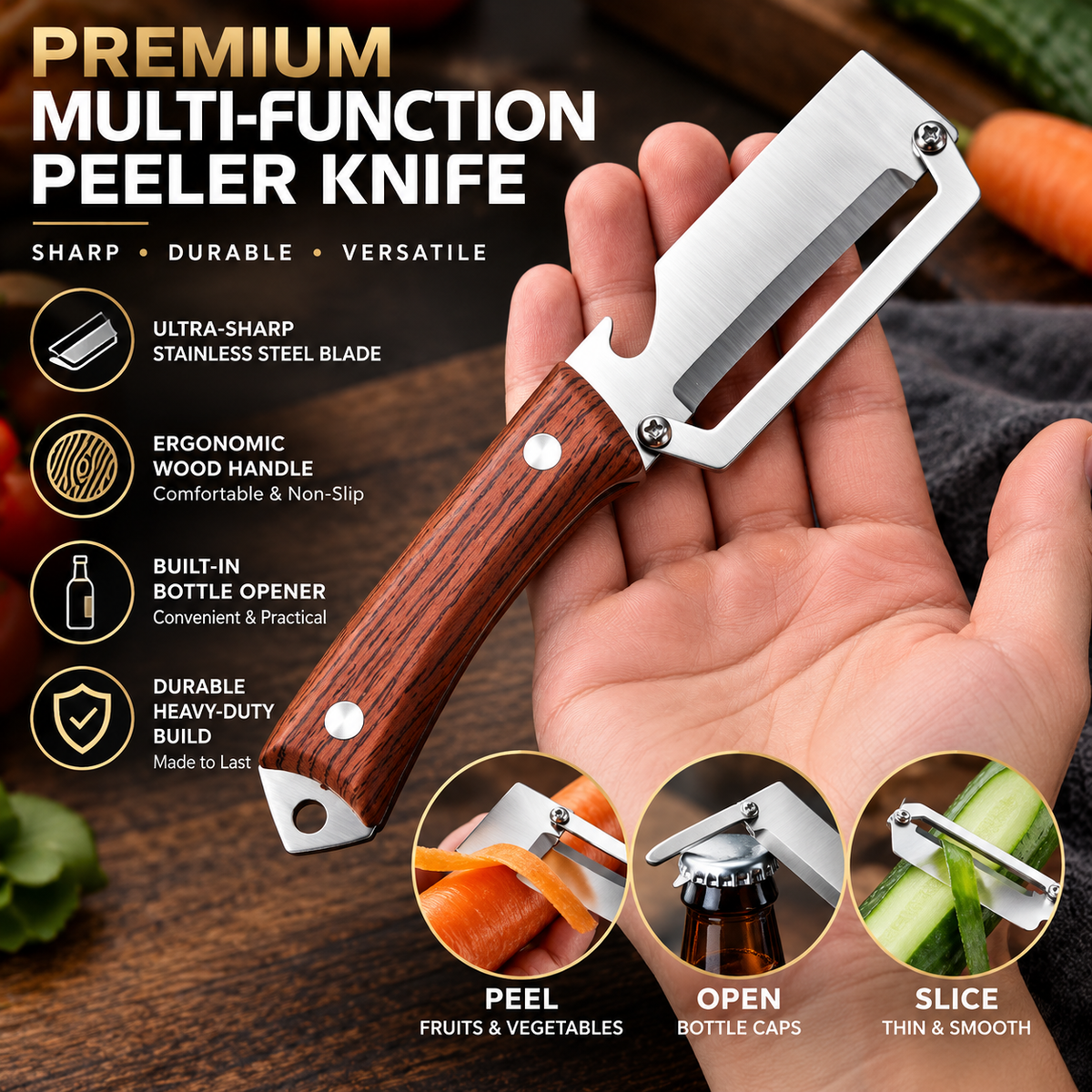 Stainless Steel Peeler—Multifunctional Household Peeler with Bottle Opener and Rosewood Handle for Peeling Fruits and Vegetables in the Kitchen