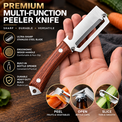 Stainless Steel Peeler—Multifunctional Household Peeler with Bottle Opener and Rosewood Handle for Peeling Fruits and Vegetables in the Kitchen