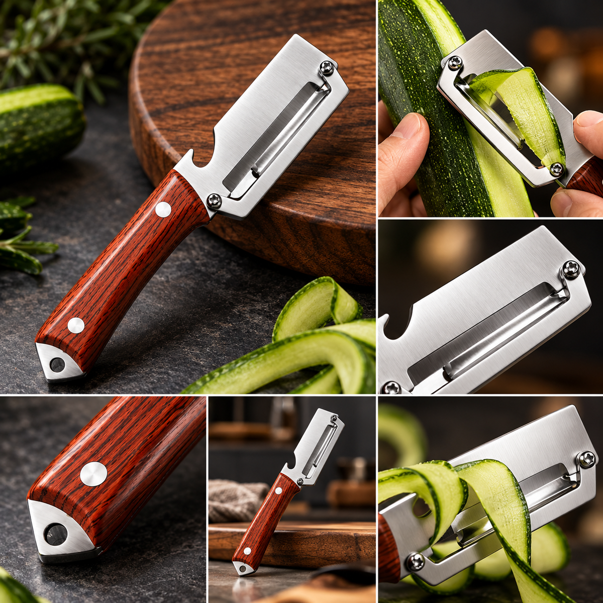 Stainless Steel Peeler—Multifunctional Household Peeler with Bottle Opener and Rosewood Handle for Peeling Fruits and Vegetables in the Kitchen