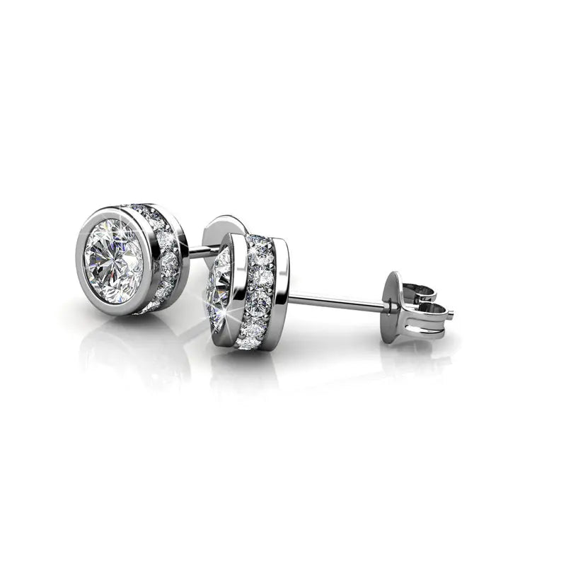 White Gold Plated Stud Earrings with 34 Simulated Diamond Crystals, 25mm Diameter, Hypoallergenic Lead & Nickel Free