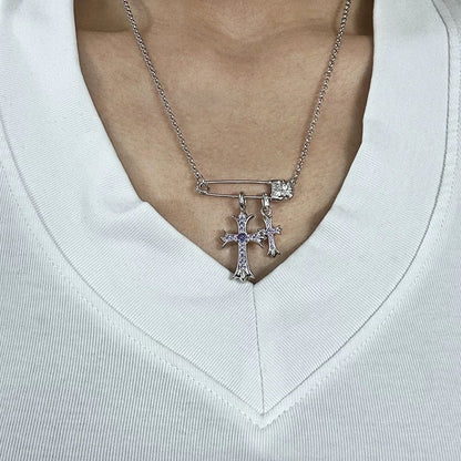 925 Silver Plated White Gold Rhinestone Pin Double Cross Pendant Necklace for Men and Women, European and American Style, Unique Design, High-End Look