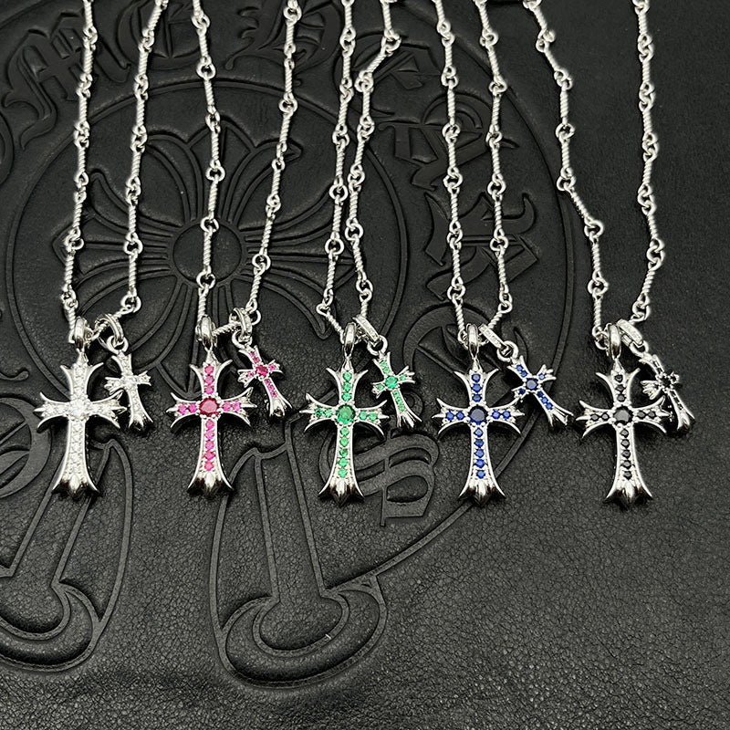 Punk hip-hop Thai silver plated 22K white gold double cross color diamond necklace sweater chain