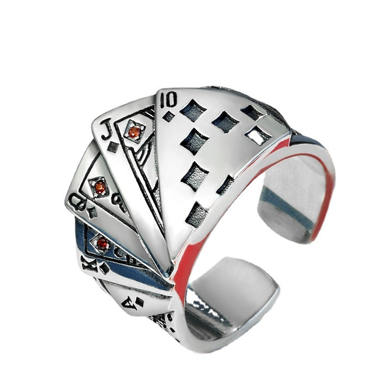 Vintage Silver Ring with Poker Pattern - Adjustable Opening for Men and Women, Retro and Unique Design