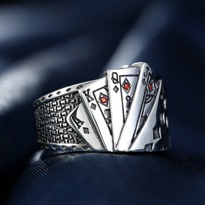 Vintage Silver Ring with Poker Pattern - Adjustable Opening for Men and Women, Retro and Unique Design