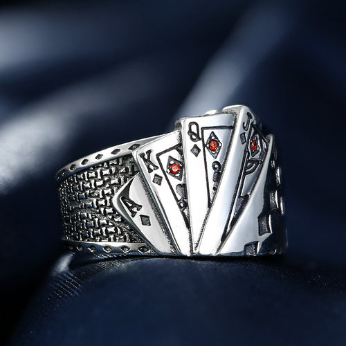 Vintage Silver Ring with Poker Pattern - Adjustable Opening for Men and Women, Retro and Unique Design