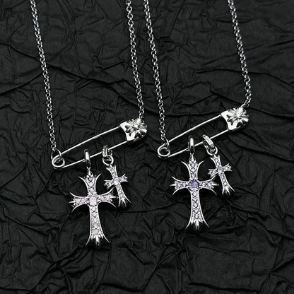 925 Silver Plated White Gold Rhinestone Pin Double Cross Pendant Necklace for Men and Women, European and American Style, Unique Design, High-End Look