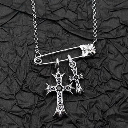 925 Silver Plated White Gold Rhinestone Pin Double Cross Pendant Necklace for Men and Women, European and American Style, Unique Design, High-End Look