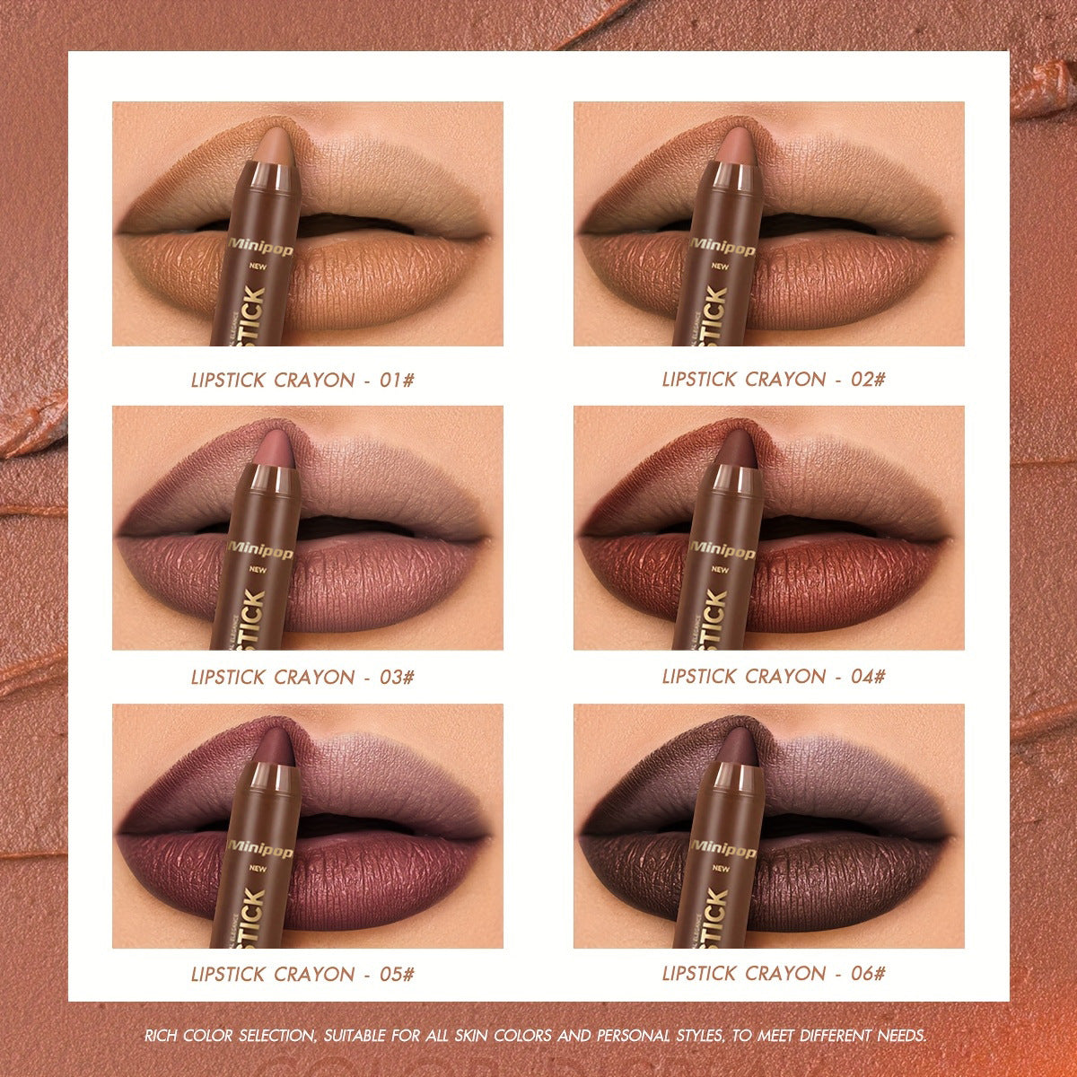 6Pcs/set Mauve Matte Brown Lip Liner and Lipstick Combo Set Kit