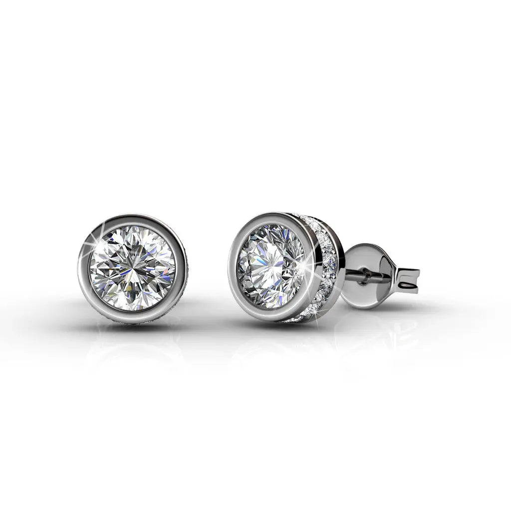 White Gold Plated Stud Earrings with 34 Simulated Diamond Crystals, 25mm Diameter, Hypoallergenic Lead & Nickel Free