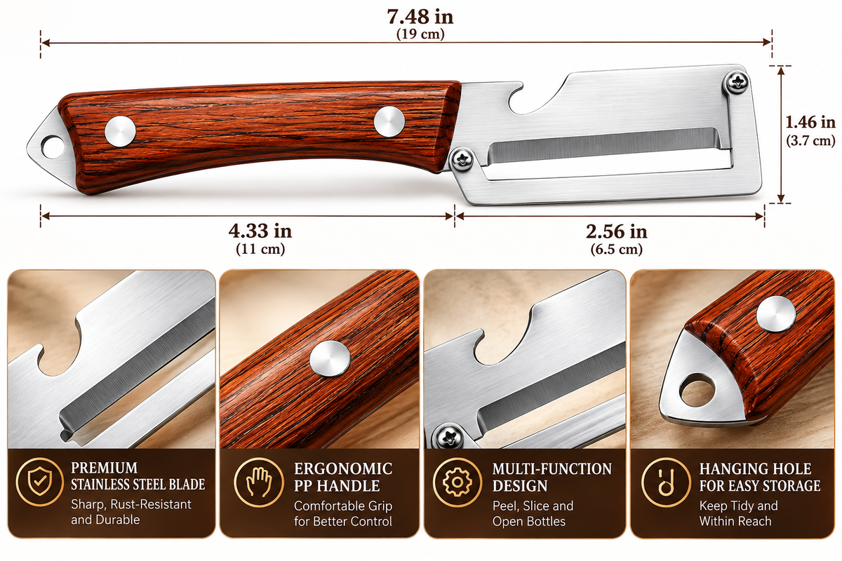 Stainless Steel Peeler—Multifunctional Household Peeler with Bottle Opener and Rosewood Handle for Peeling Fruits and Vegetables in the Kitchen
